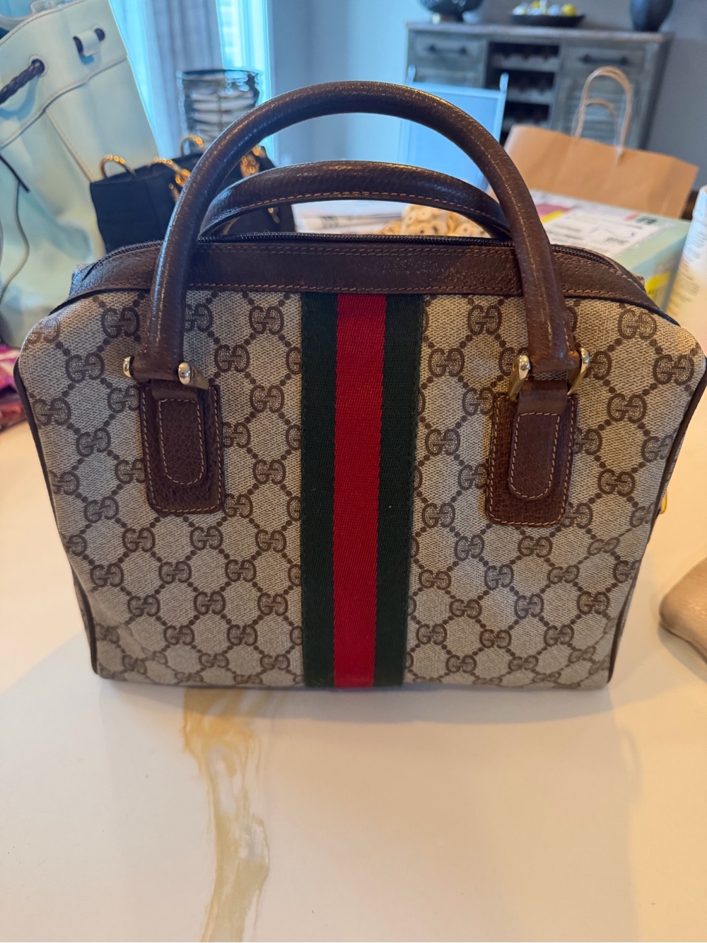 Gucci Beige Monogram Satchel with Green-Red Web Stripe - Picture 2 of 8